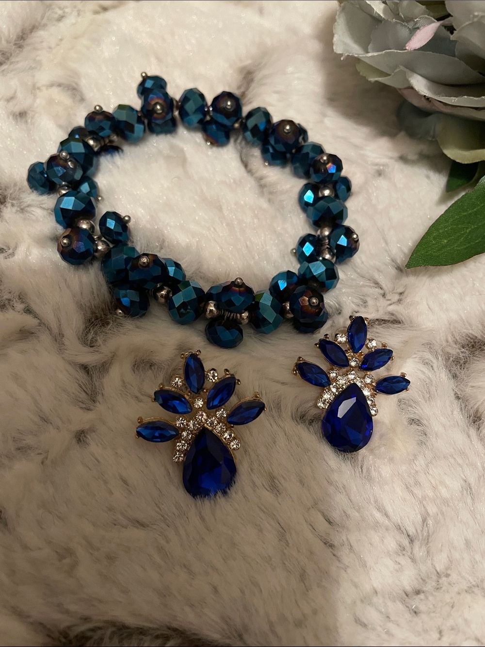 Blue Sapphire & Crystal Bracelet and Drop Earrings Set